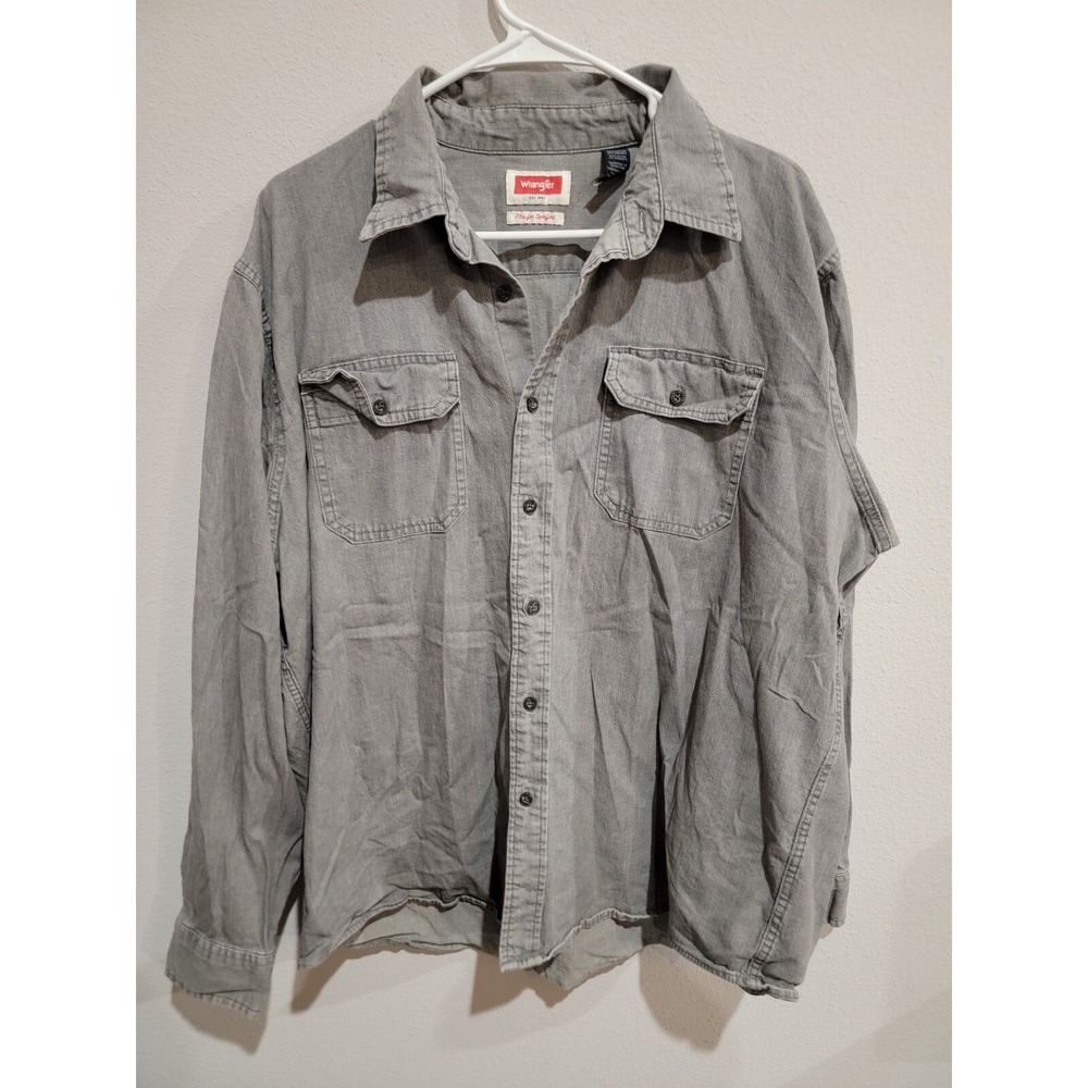 Wrangler Mens Shirt Button Up XL Gray Twill Heavy Long Sleeve Comfort Flex